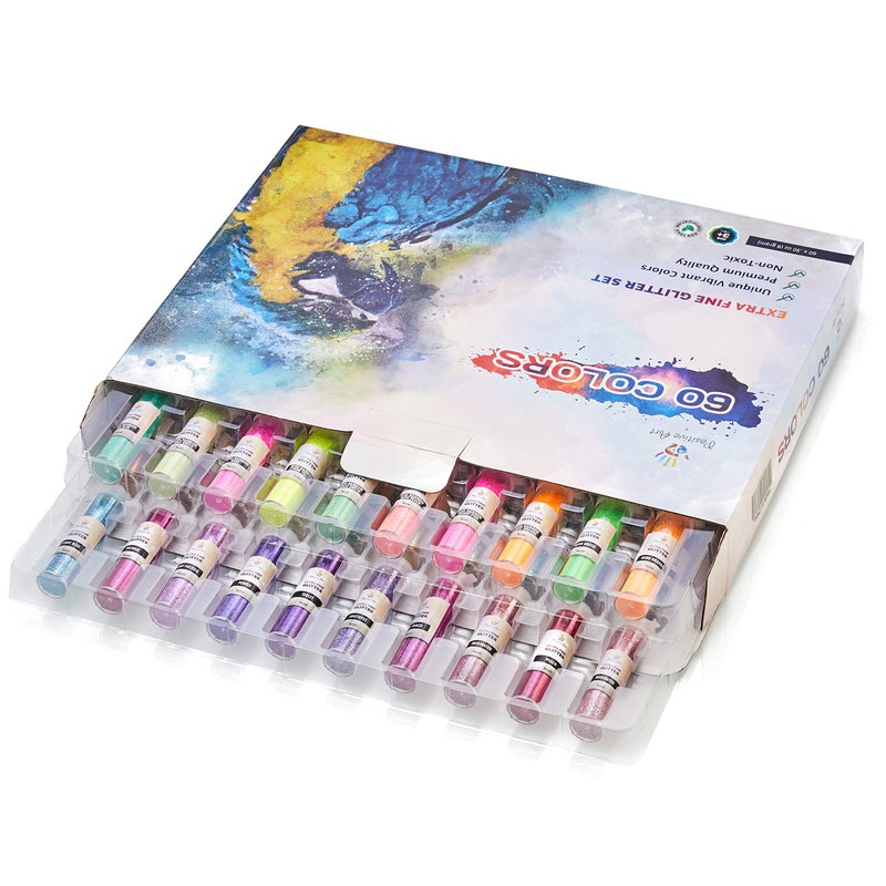 Positive Art Extra Fine Glitter Set of 60 Vibrant Colors | Color Powder in Leak-Proof Shaker Jars (0.32oz/9g) | Arts & Crafts Glitter Kit Glows Under UV Light | Use for Projects  Slime  Nails  Body  Face & More - Image 2